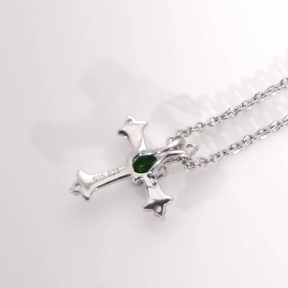 Chrome Diopside Cross Pendant and Stainless Steel Chain